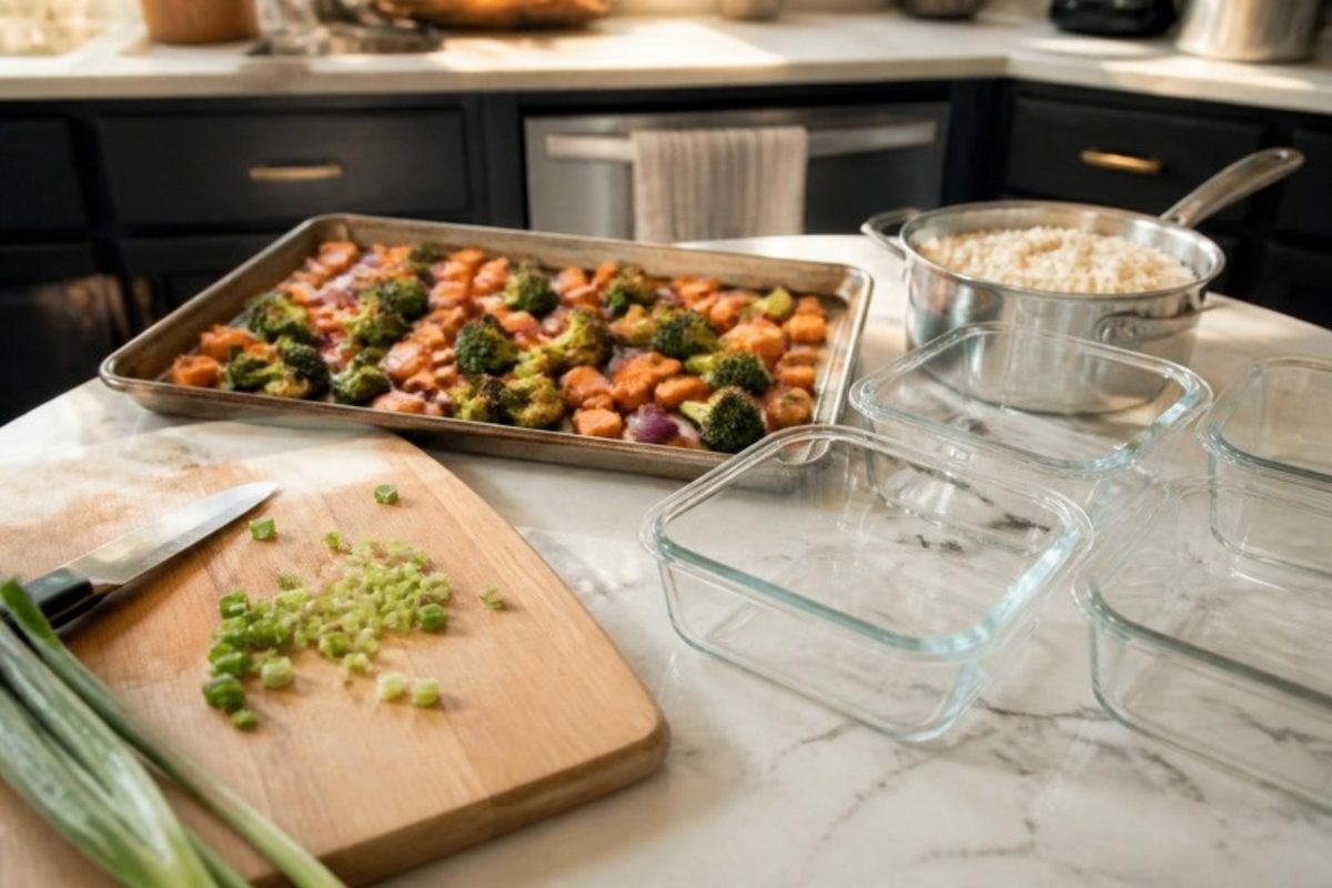 A kitchen counter with a sheet pan of roasted vegetables, a pot of rice, a cutting board, and empty glass meal prep containers
