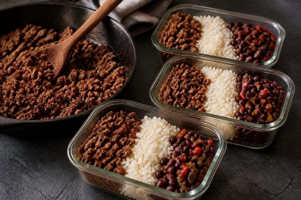 Browned ground beef in a cast iron skillet beside three glass meal prep containers of ground beef, white rice, and black beans