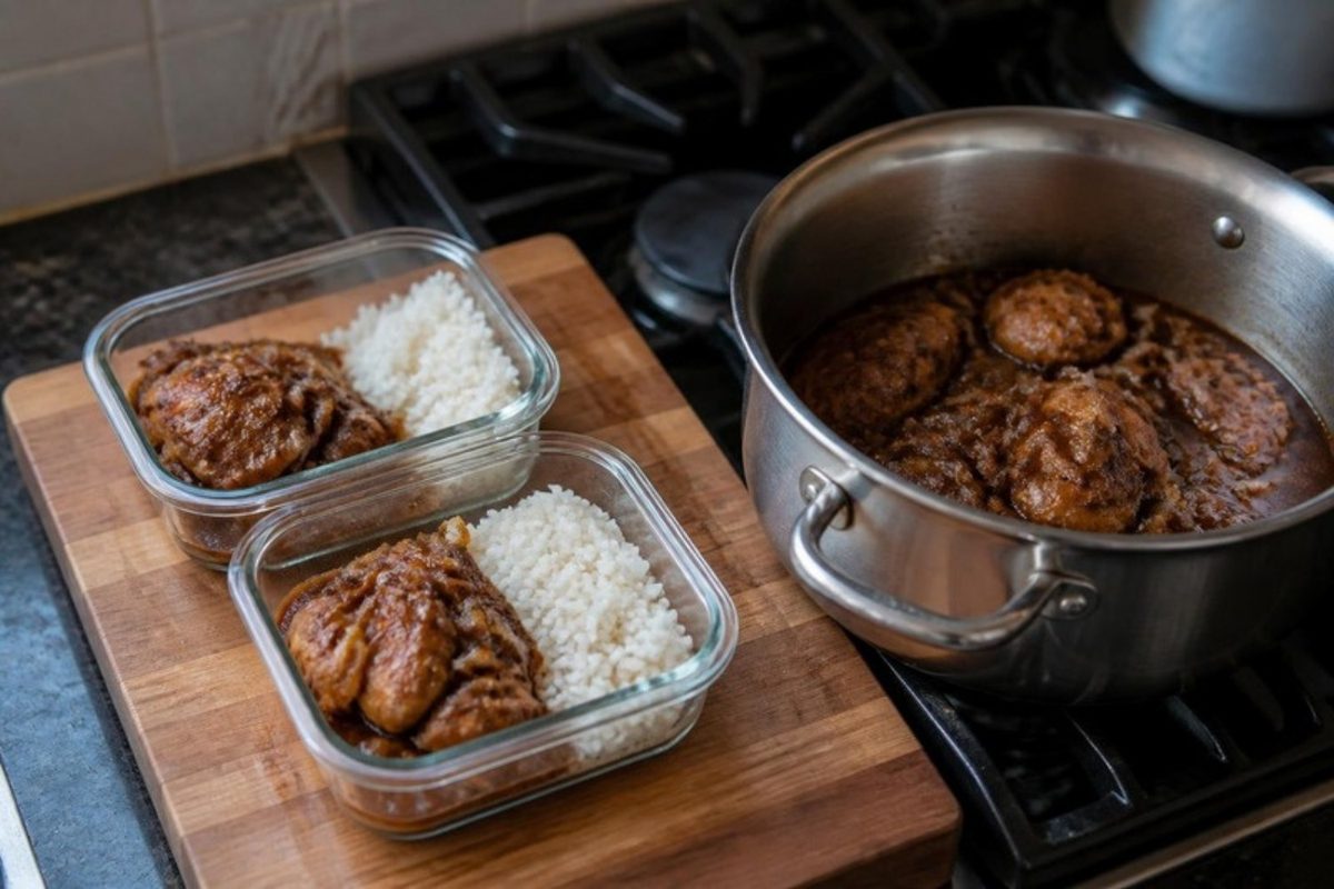 Two small glass containers with a test portion of chicken in onion gravy and rice, beside the pot it was cooked in