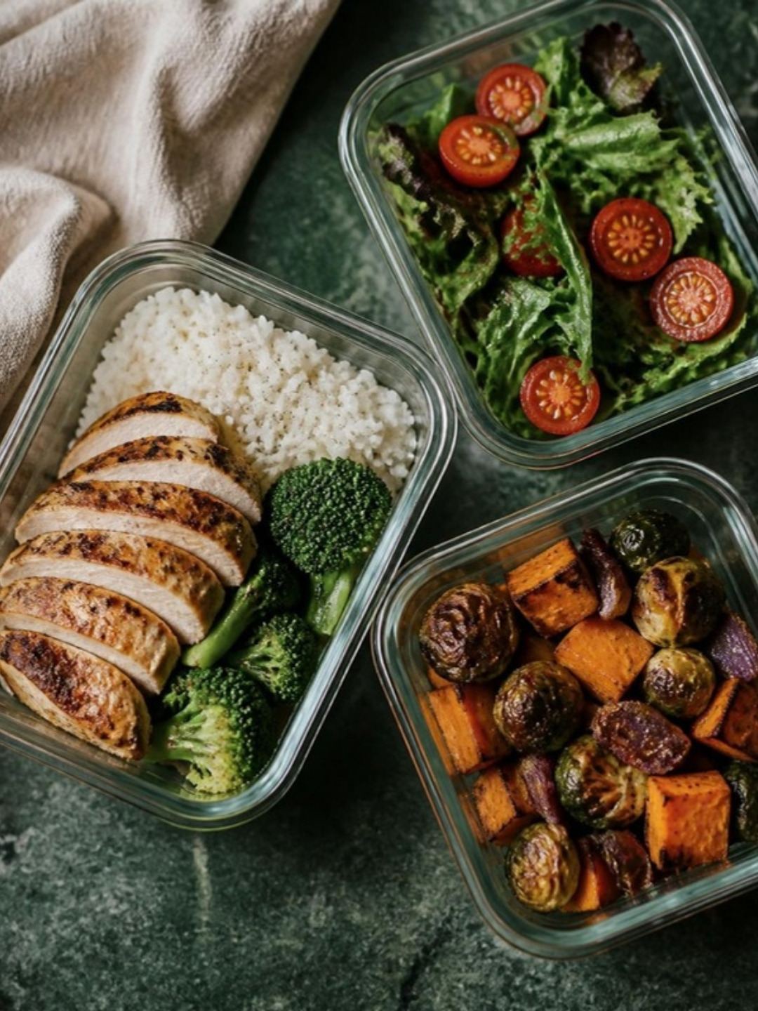 Three glass meal prep containers on a dark counter: sliced chicken with rice and broccoli, a green salad with tomatoes, and roasted sweet potato with Brussels sprouts