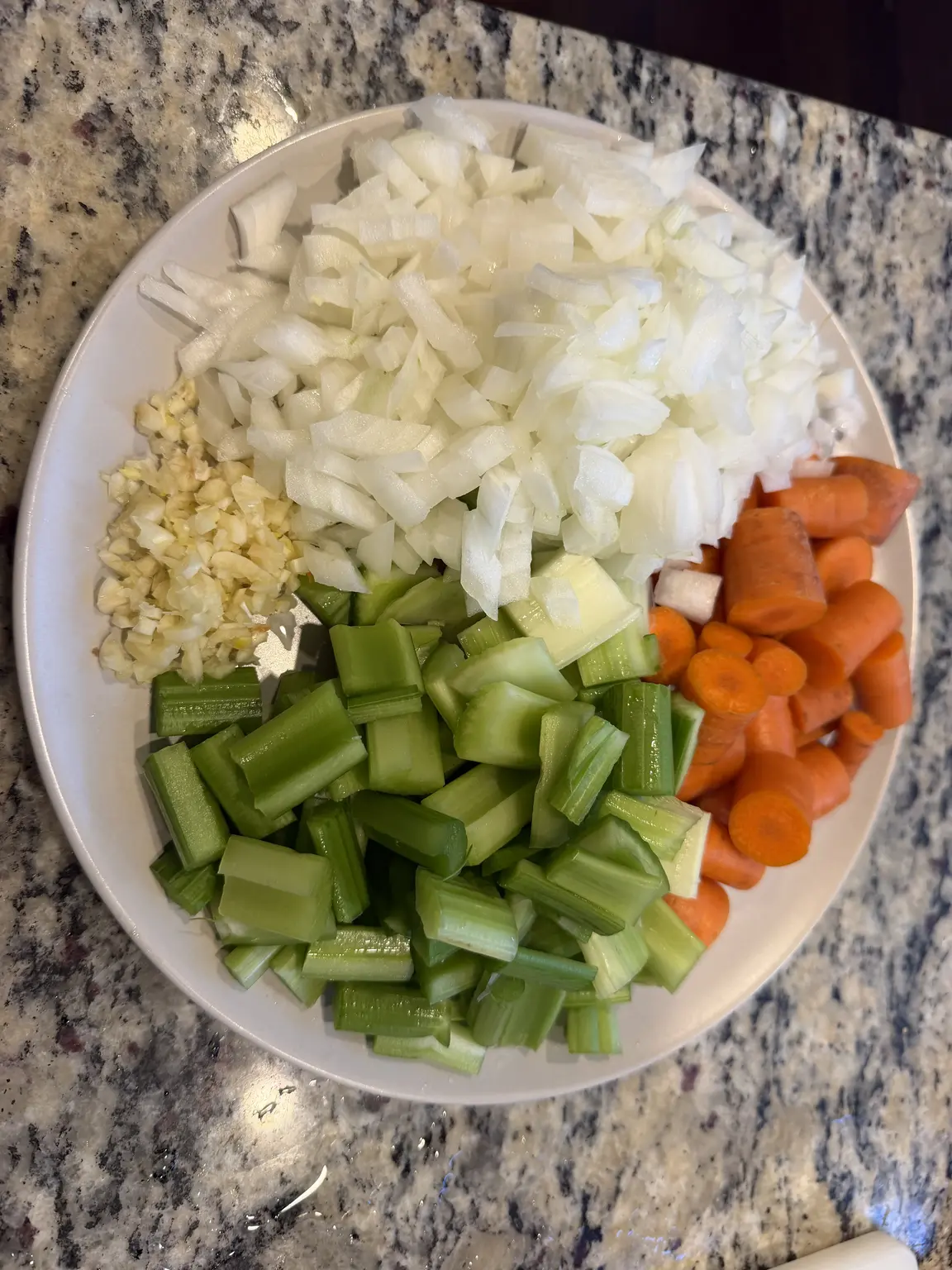 A plate of diced onion, minced garlic, sliced celery, and carrot chunks.